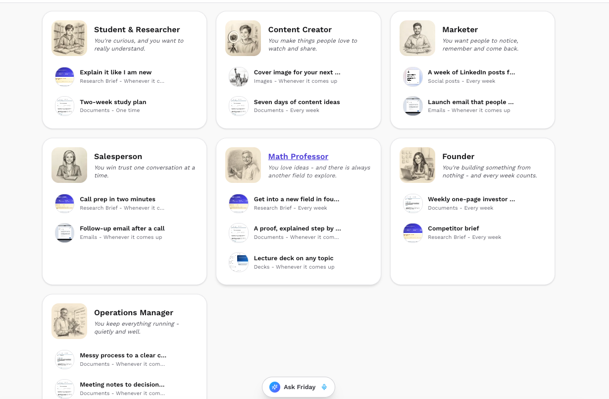 Friday CoWork All Recipes experience showing ready-made workflows grouped by role and type of work.