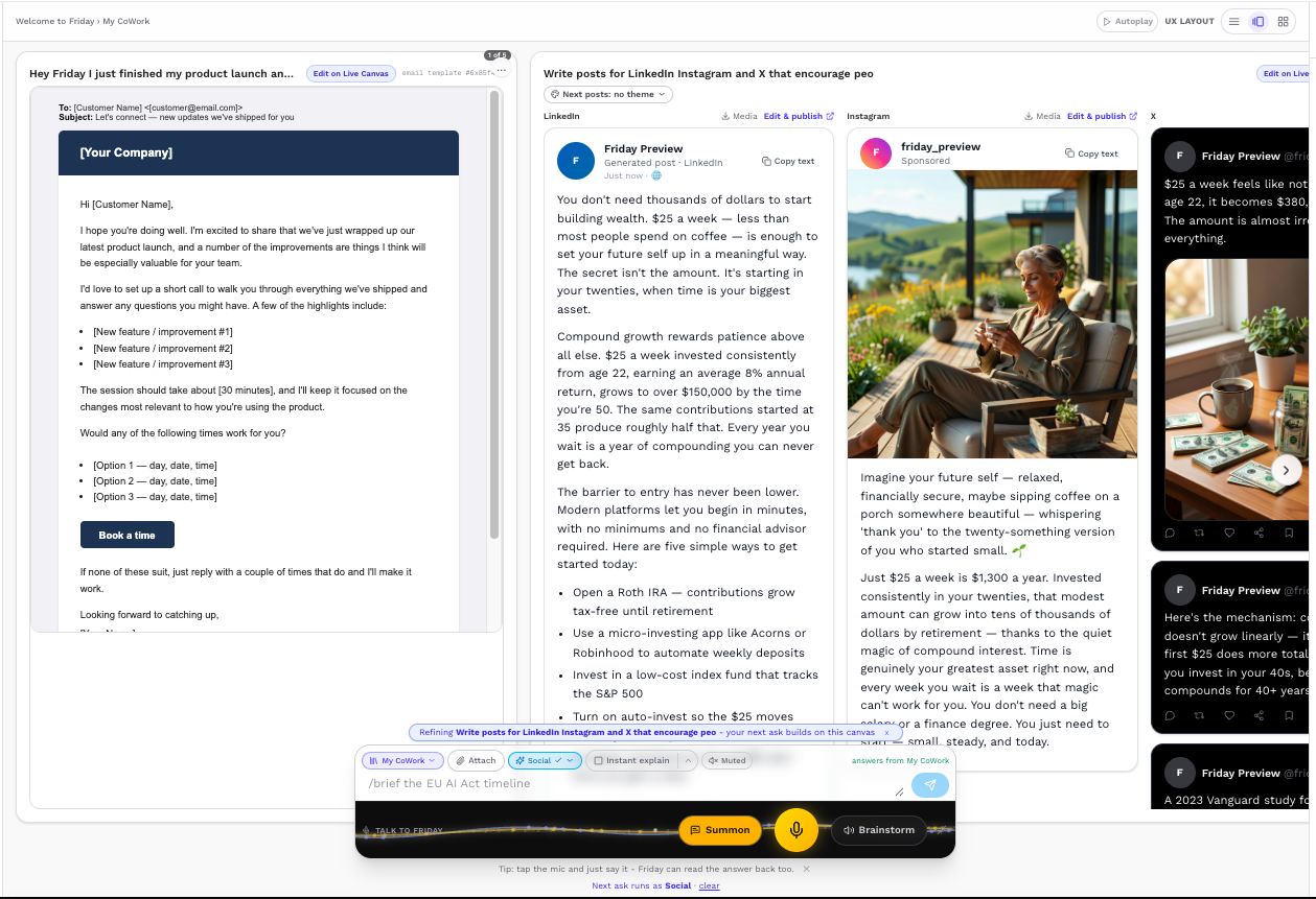 Friday CoWork product demo showing multiple tasks with previous results remaining on the canvas.