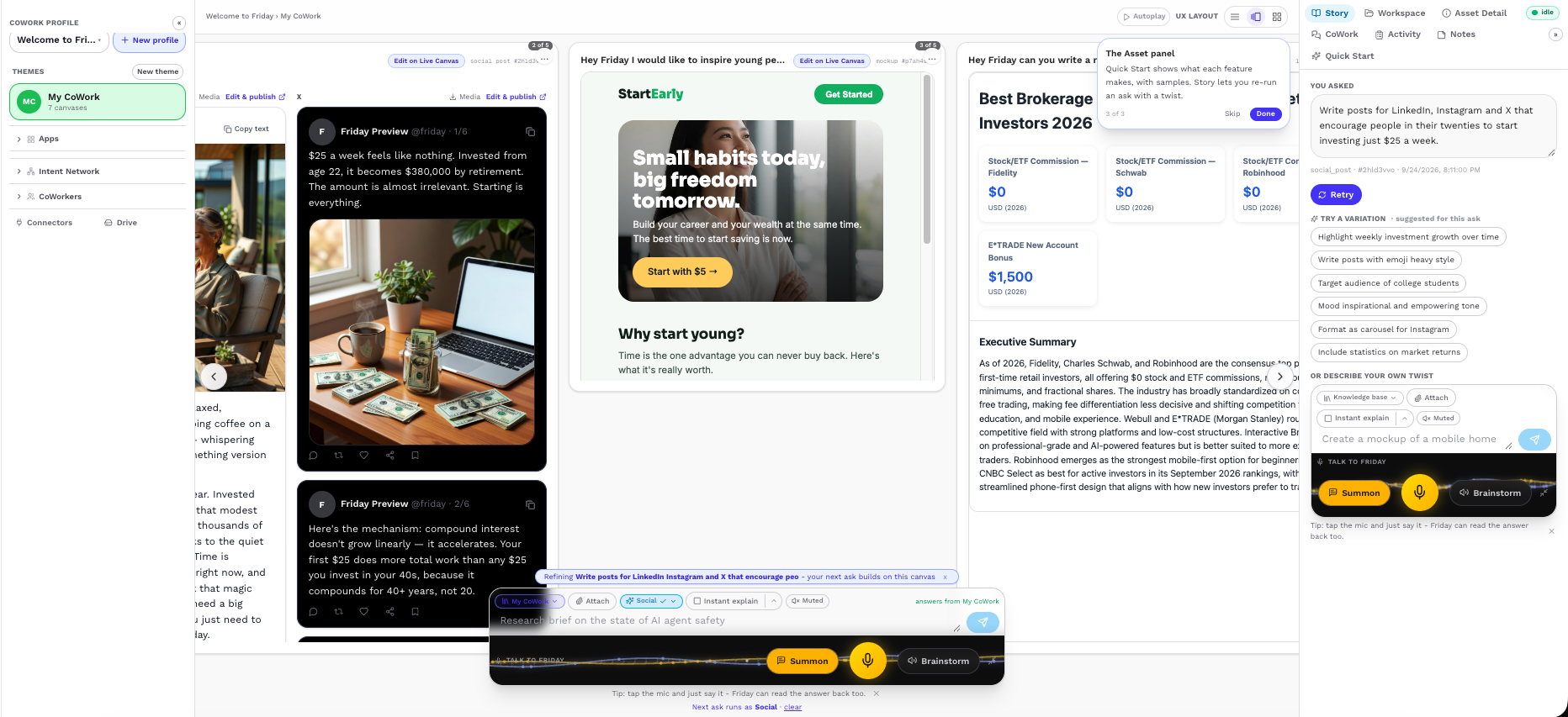 Friday CoWork interface showing Web and Research outputs side by side with other results retained on the canvas.