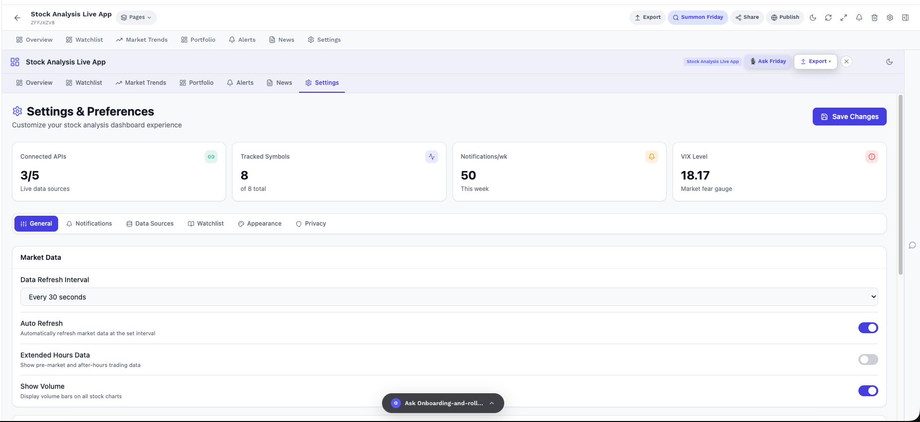 Stock Analysis Live App dashboard preview
