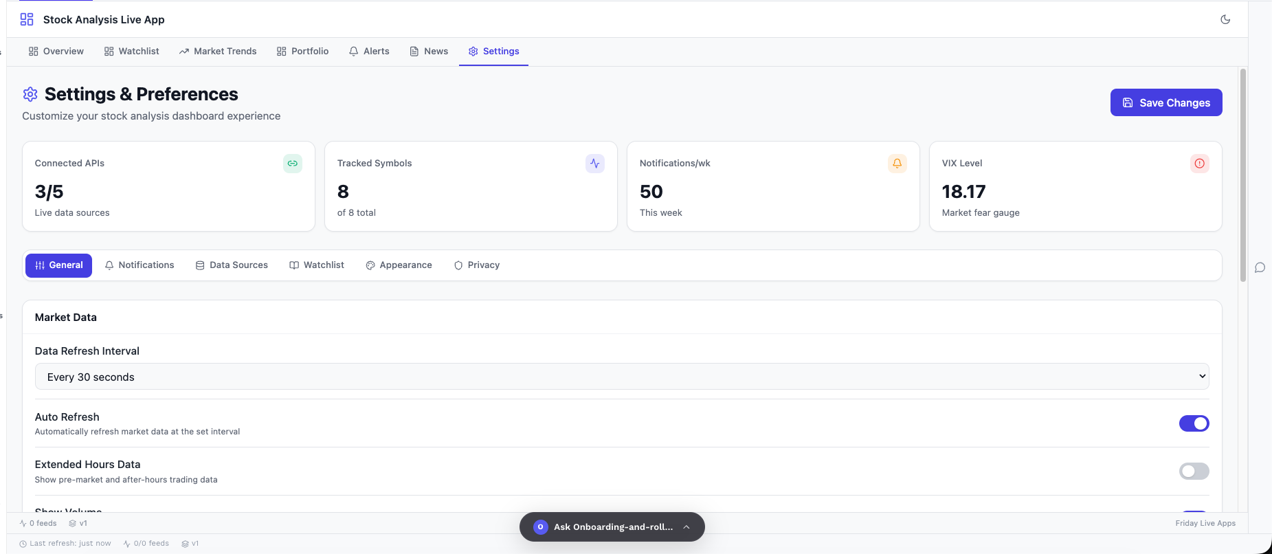 Stock Analysis Settings dashboard