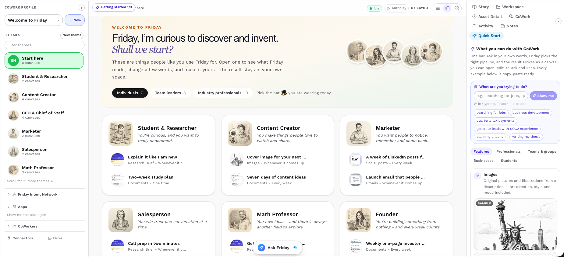 Friday CoWork workspace showing the real Themes sidebar with role-based starting points.